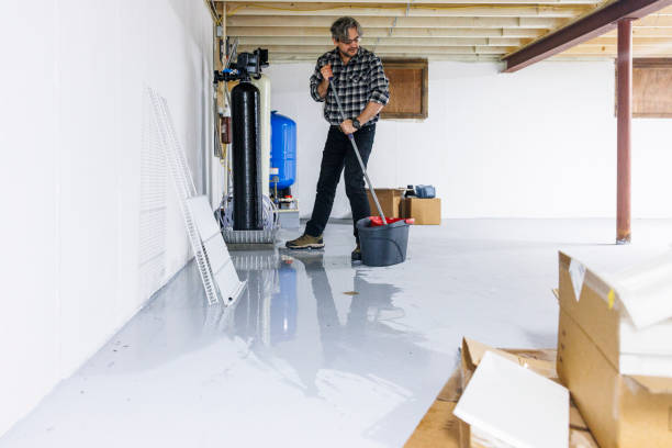 Cleaning the floor after basement flooding. Mature man in plaid shirt removing water after basement flooding. Wet cardboard boxes are on foreground
