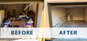 The image shows a before and after comparison of a cluttered, messy garage transformed into a clean, empty space through what appears to be a thorough cleaning and organization process.